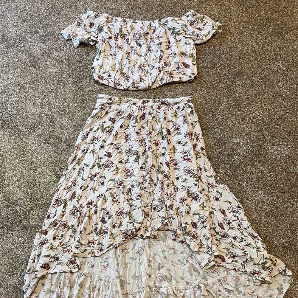 Two Piece White Floral High Low Dress